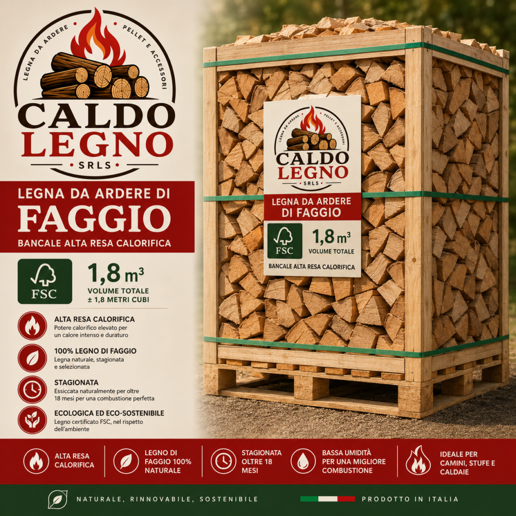Legna da Ardere di Faggio Caldo-Legno FSC 1,8 m³ | Bancale Alta Resa Calorifica
