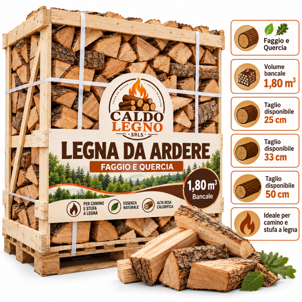 Legna da Ardere Caldo – Bancale 1,80 m³ di Faggio e Quercia