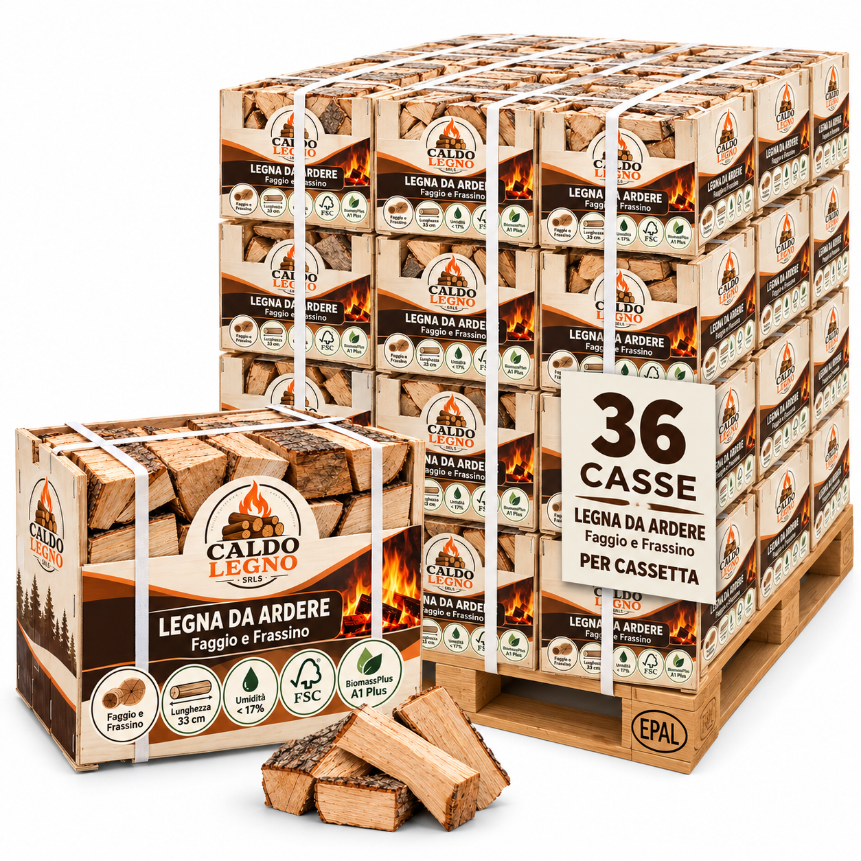 Legna da Ardere Caldo Faggio e Frassino – 36 Scatole da 10 kg